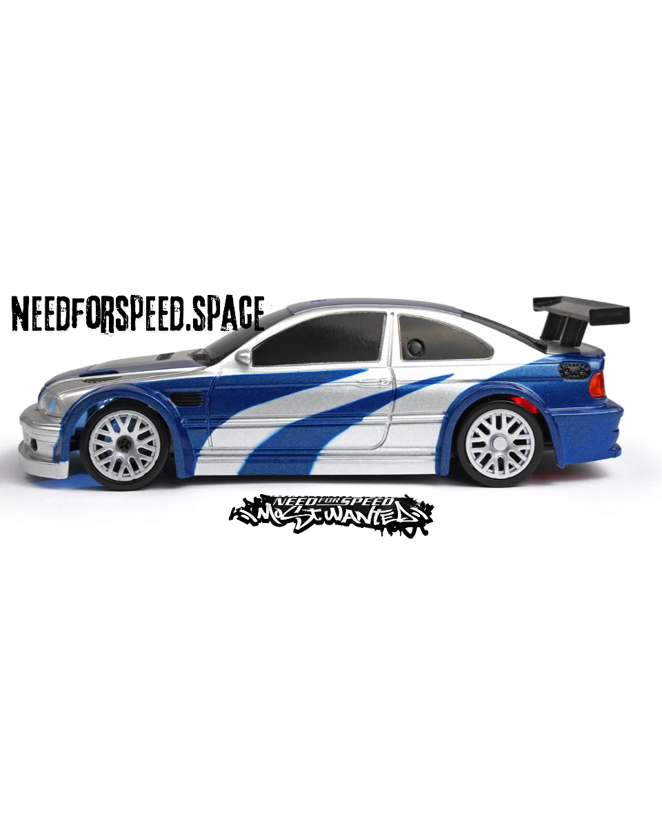 Side profile of BMW M3 E46 GTR RC car showing 4WD drift tires