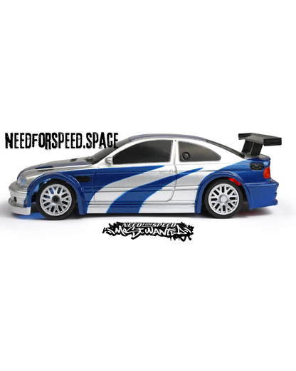 Side profile of BMW M3 E46 GTR RC car showing 4WD drift tires